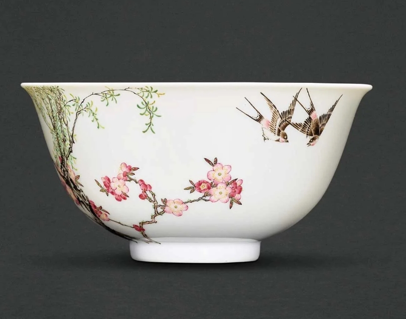 Imperial Fencai (Enamel) Bowl with Apricot Grove and Spring Swallows - Top 1